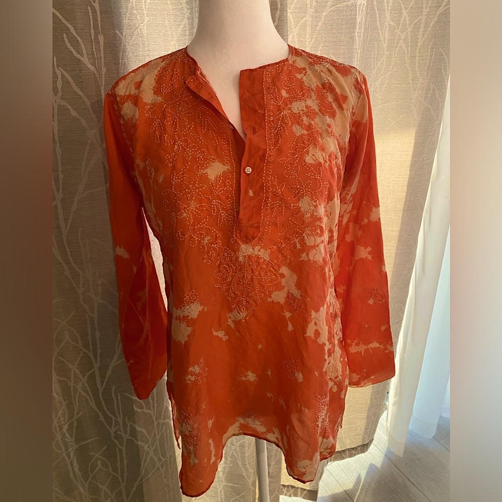 Light & breezy orange embroidered silk top ( long sleeve) size S
